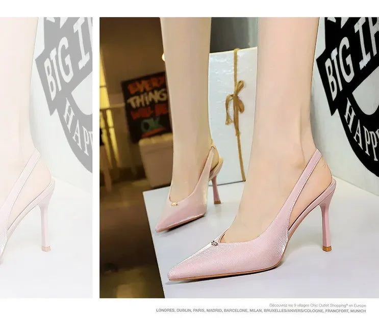 BIGTREE Shoes Sweet Metal Decoration Women Pumps Pointed High Heels silks satins heeled Sandals Women Summer Shoes Stiletto 8 cm