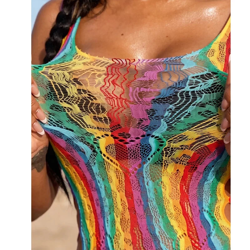 Rainbow Fishnet Women Sexy Beach Cover Up Dress Stretch See Through Sleeveless Swimsuit Cover up Mini Beachwear without Bikini
