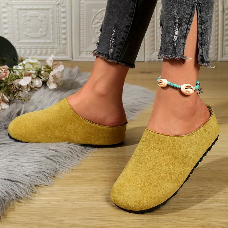 Spring Round Toe Cork Clogs Slippers for Women Outdoor Cork Footbed Flat Heels Mules Shoes Woman Plus Size Suede Slides Female