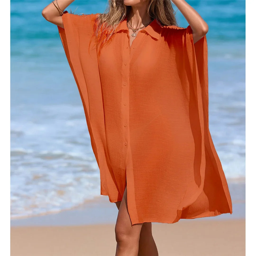 4 Colors Short Sleeve Long Shirt Top Blouse Tunic Beach Dress Beach Wear Beachwear Beach Cover Up Cover-upsFemale Women V7538