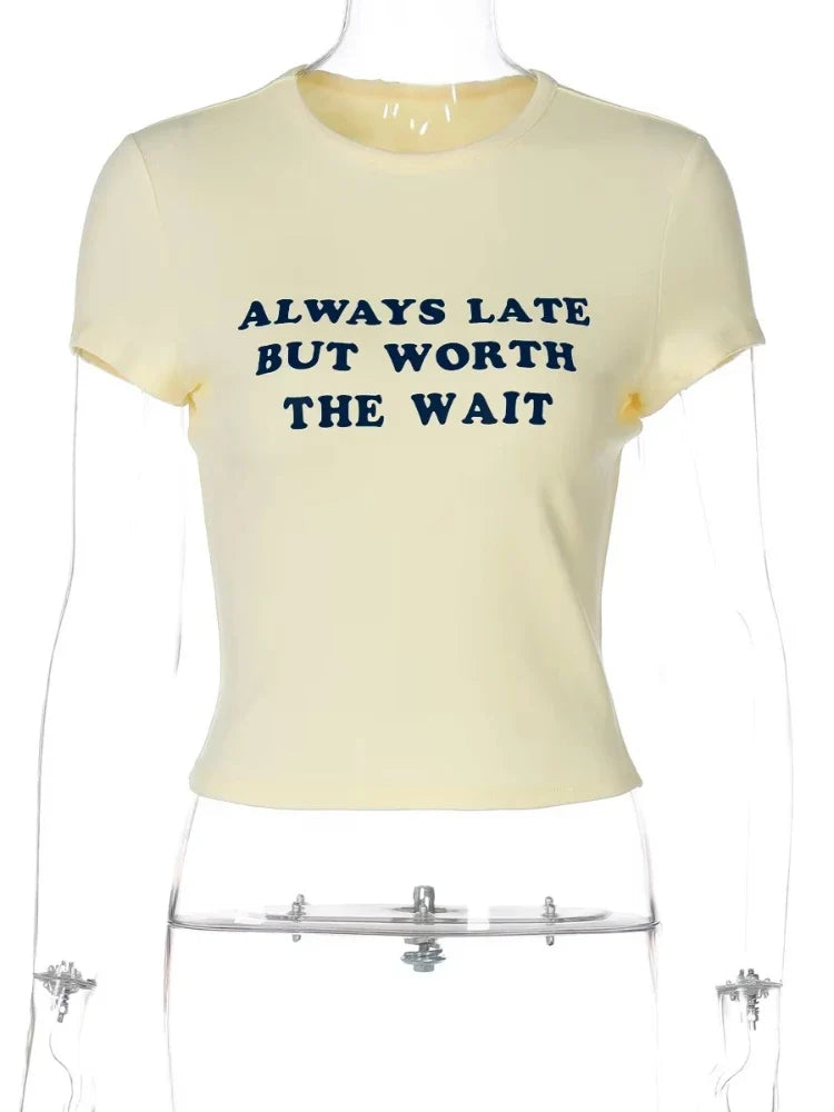 Woman Clothing Letter Print Short T-shirts Y2K Streetwear 2026 Summer O-neck Slim Fit Crop Tops Vacation Beach Tees Light Yellow