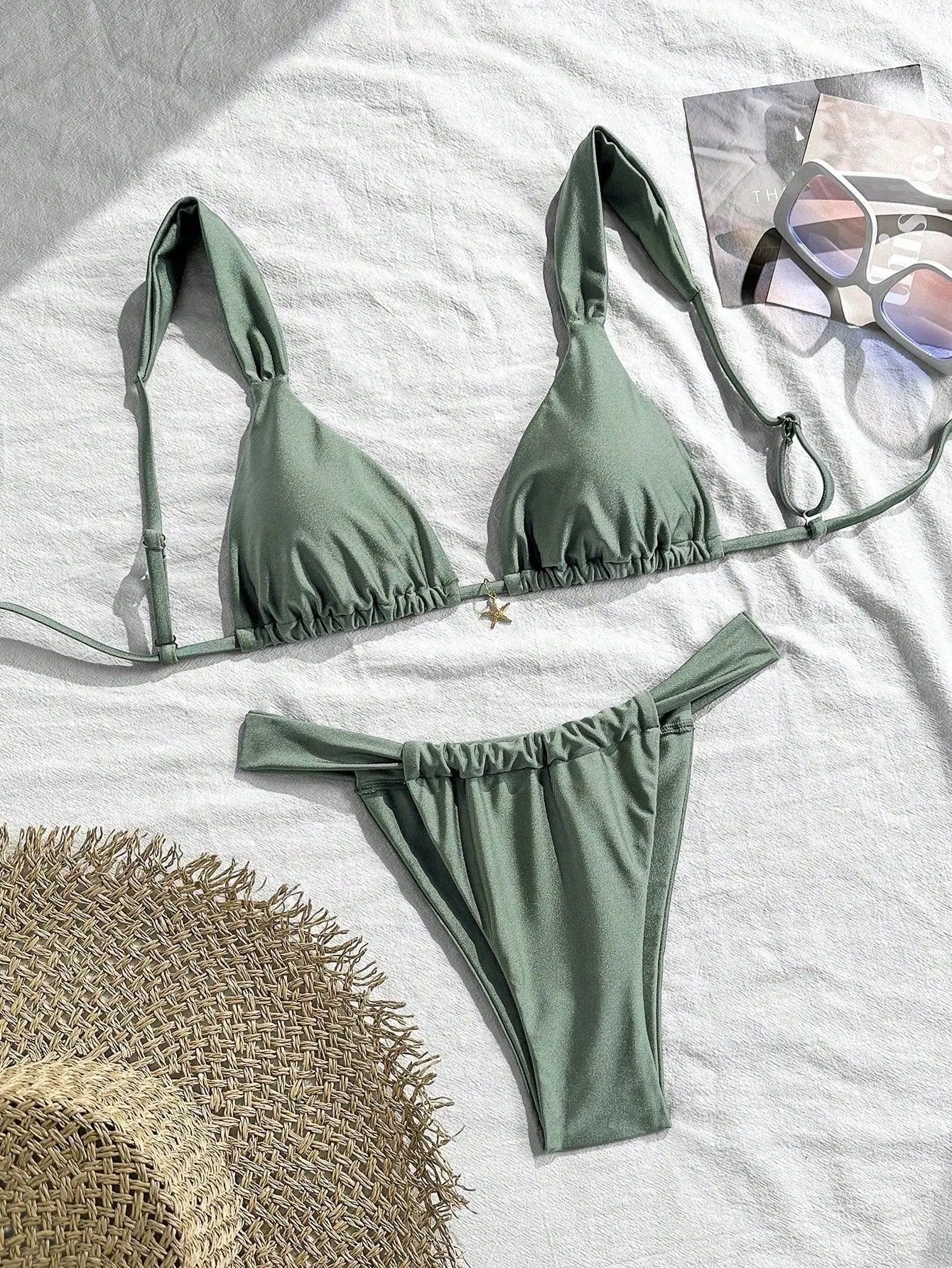 Sexy Starfish Ornament Bikini Set 2026 Women Sky Blue Pleate Push Up Bra Pleate Thong Swimwear Beach Bathing Suit Micro Swimsuit