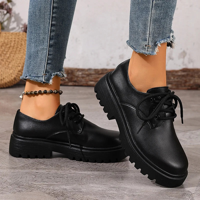 British Style Platform Oxford Shoes for Women Fashion Lace Up Thick Bottom Pu Leather Shoes Wman Plus Size 42 Office Work Shoes