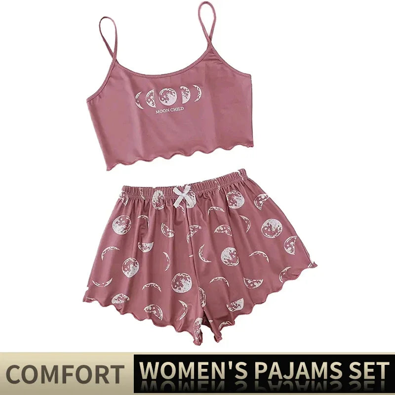 Summer Pajama Set for Women Sleepwear Sexy Lingerie Pink Moon and Planet Print Camisole and Shorts Sets Comfortabl Casual Suit