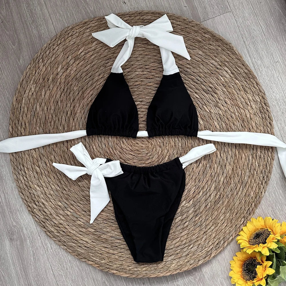 Halter Bikini 2024 Sexy Women Swimsuits Female Swimwear Micro Bikini Set Brazilian Biquini Swimming Suit Solid Beachwear