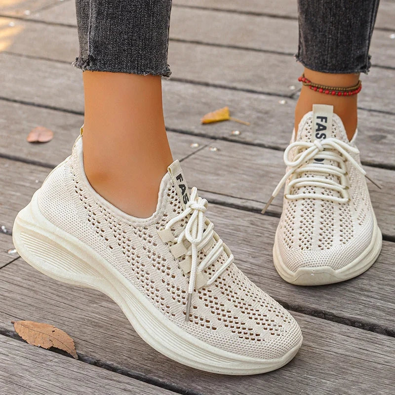 Spring Summer Breathable Mesh Sport Shoes Women Slip On Hollow Out Knitted Flats Shoes Woman Plus Size 43 Thick Sole Sneakers