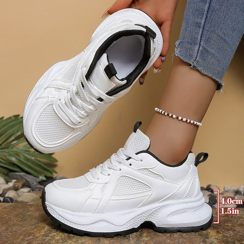 Black White Breathable Chunky Sneakers Women Korean Lace Up Platform Sneaker Shoes Woman Thick Bottom Mesh Sport Shoes Female