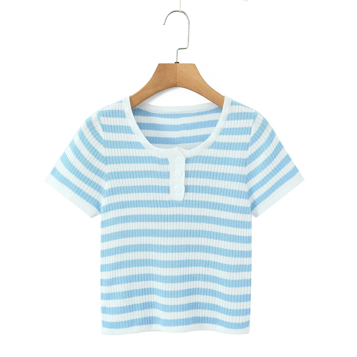 Blue And White Striped Henley Neck Knit Top Casual Short Sleeve Ribbed T Shirt For Women Summer Daily Wear Casual Fashion VGK2