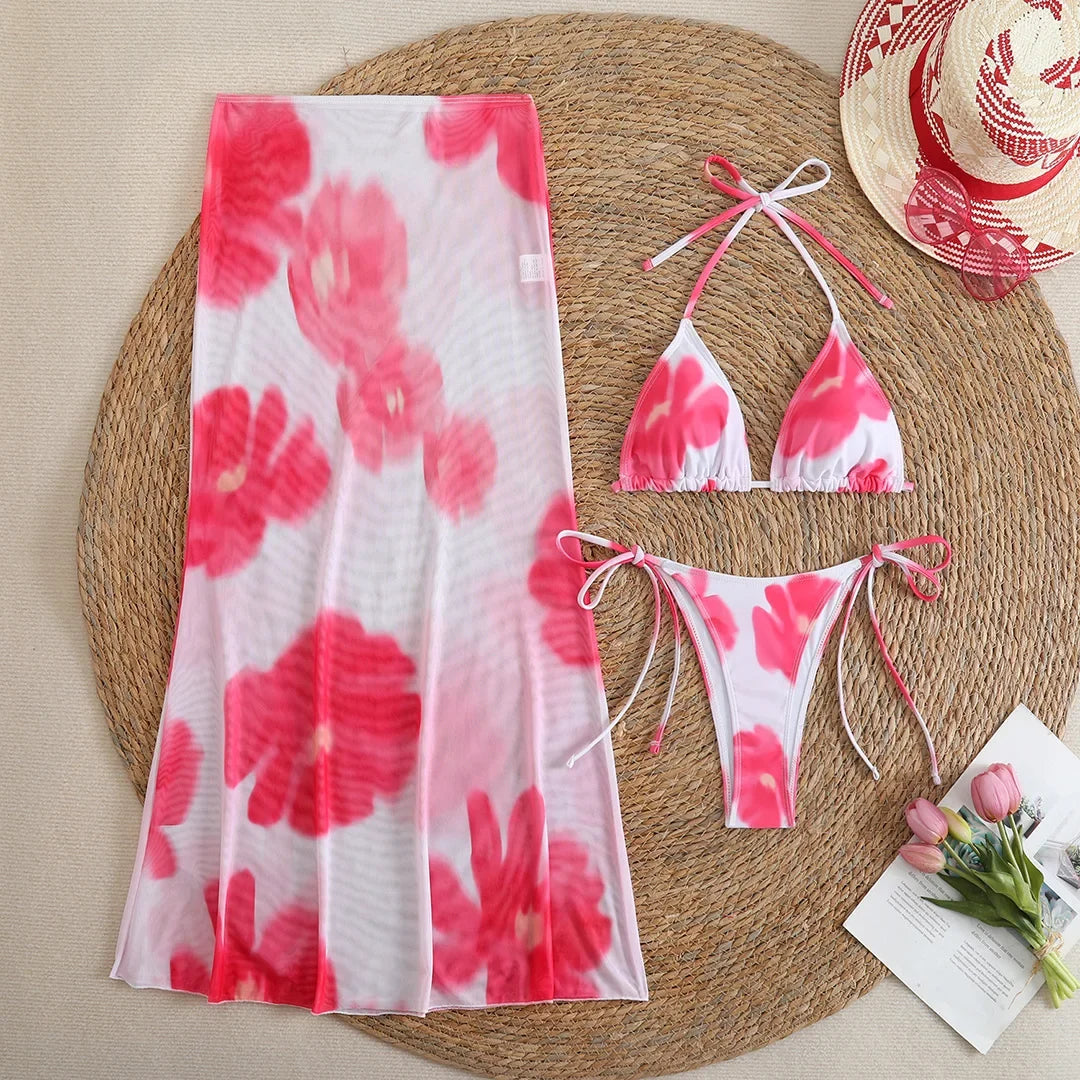 10 Color Flowers Halter Bikini Female Swimsuit Women Swimwear Three-pieces Bikini set With Skirt Bather Bathing Suit Swim V6637C