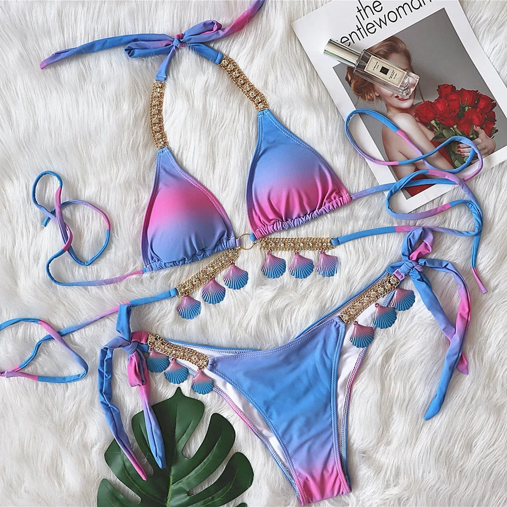 9 Colors New Sexy Bikini Women Rhinestone Shell Pendant Halter Gradient Swimwear Swimsuit Female Beach Bikinis Set Bathing Suit