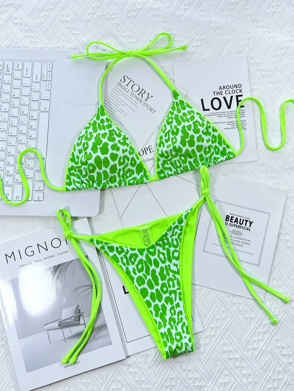 sexy string leopard print bikinis set swimsuit halter tie thong swimsuit Swimwear Biquini conjunto de bikini tankini beachwear