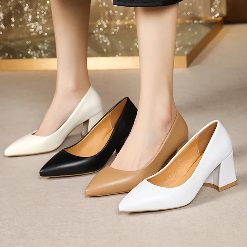 Zoki 2025 Thick Heels Basic Pumps for Women Solid Color Pointed Toe High Heel Office Shoes Woman Shallow Plus Size Pumps 35-42