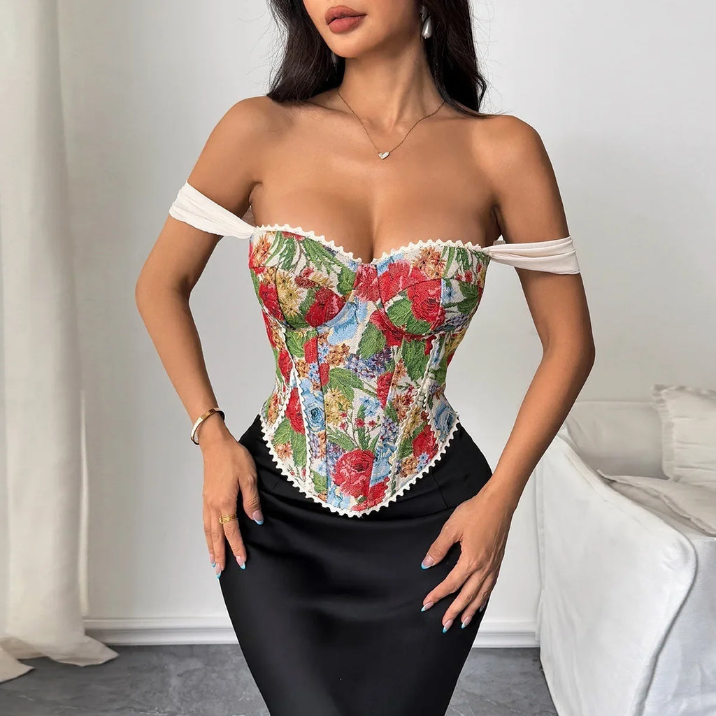 Retro Red Floral Print Corset Tank Top Sexy Back Criss Cross Bandage Bustier Lace Trim Night Club Party Slim Fishbone Camisole