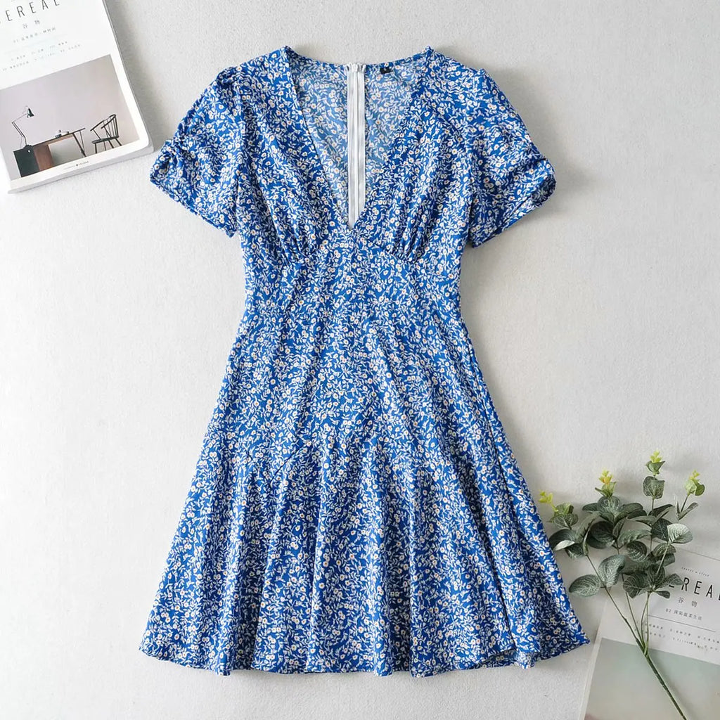 Foridol Blue Floral Print Summer Beach Dress Women Casual Holiday Short Sleeve Dress Boho Sundress Vestidos Fashion Clothes