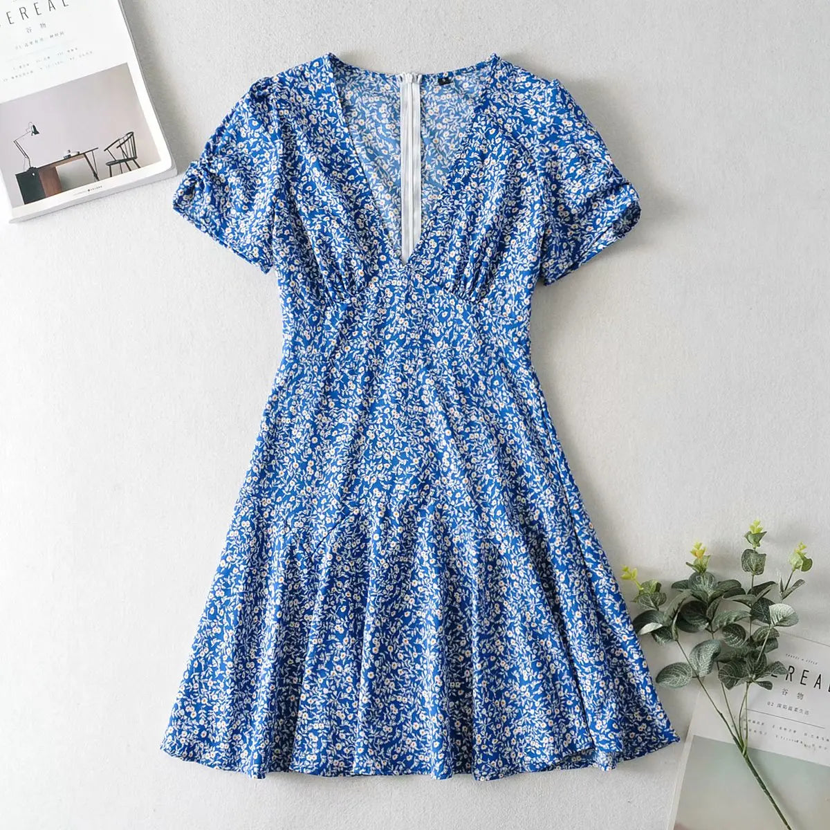 Foridol Blue Floral Print Summer Beach Dress Women Casual Holiday Short Sleeve Dress Boho Sundress Vestidos Fashion Clothes