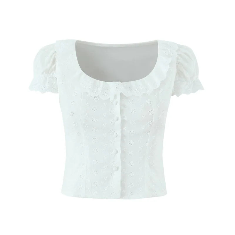 Sweet Lace Doll Collar Puff Sleeve Women's Shirt With Single Breasted Buttons Hollow Jacquard Slim-fit Pure Desire Elegant 6VN3