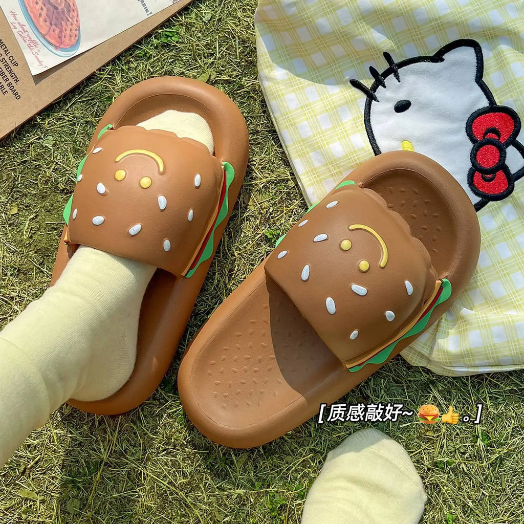 CartoonCutesy3D Sesame Burger Slippers for Women, Summer Outdoor & Home Wear, Anti-Slip Thick Soles, Flat Back Slides,Flip Flops