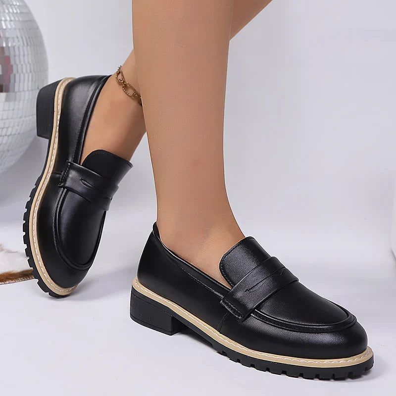Patent Leather Thick Heels Loafers Women Spring New Mixed Color Med Heel Office Pumps Woman Plus Size 43 Slip On Single Shoes