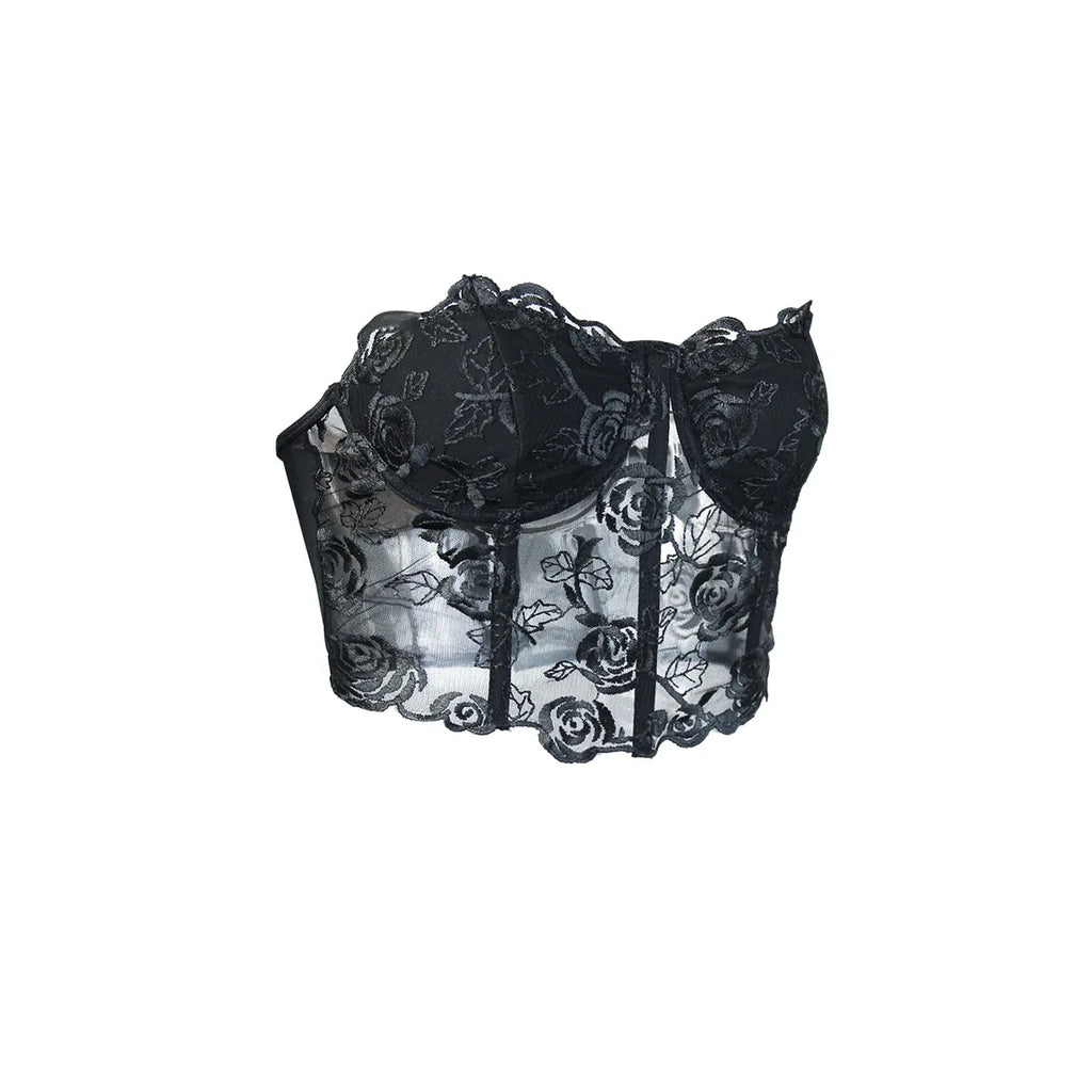 Phantasy Sexy Lace See through Crop Top Women Fashion Floral Embroidery Black Tank Top Night club Dress up 2026 Summer Outfit