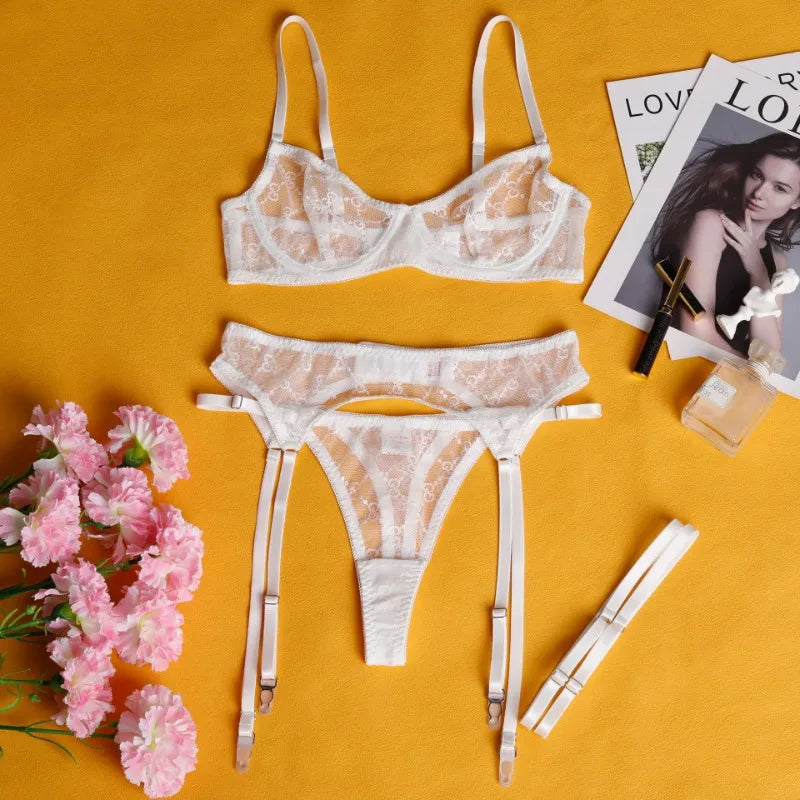 Toucheart Sexy Lingerie Set for Women Solid Color Mesh See-through Plunge Women's Sexy Garters Interesting Underwear 3-piece Set
