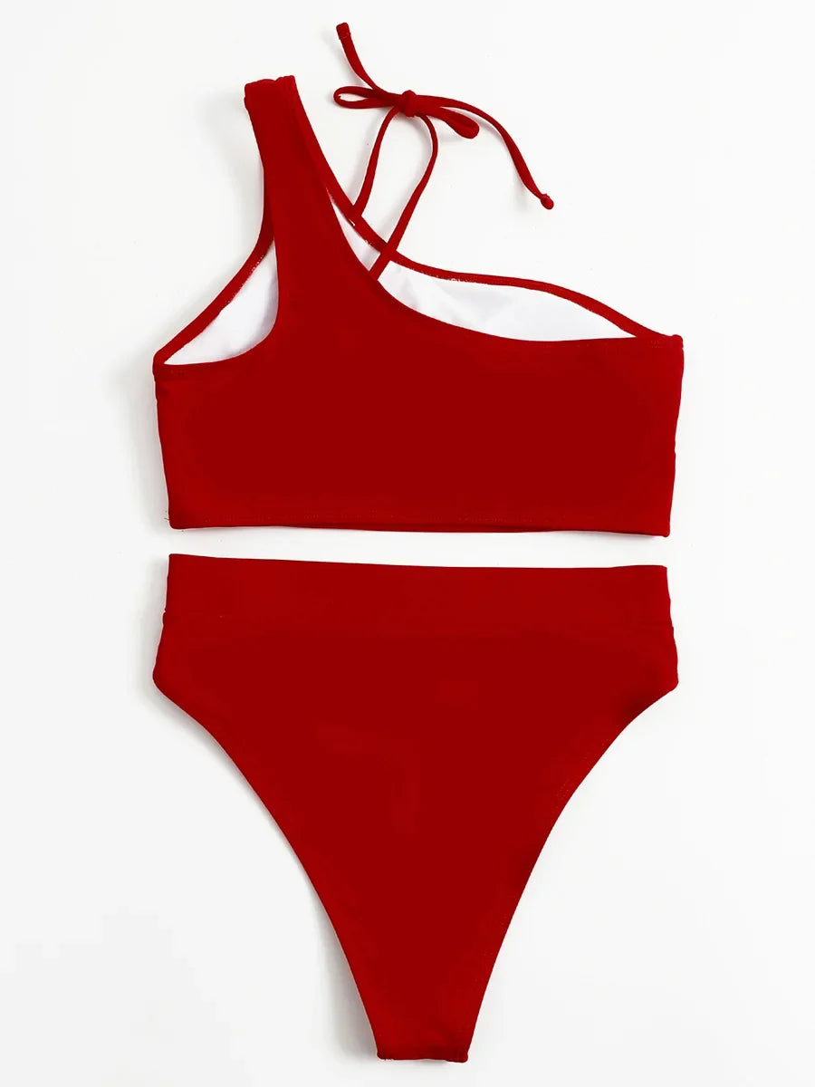 Asymmetric One Shoulder High Waist Bikini Women Swimsuit Female Swimwear Two-pieces Bikini Set Tummy Cut Out Bathing Suit Swim