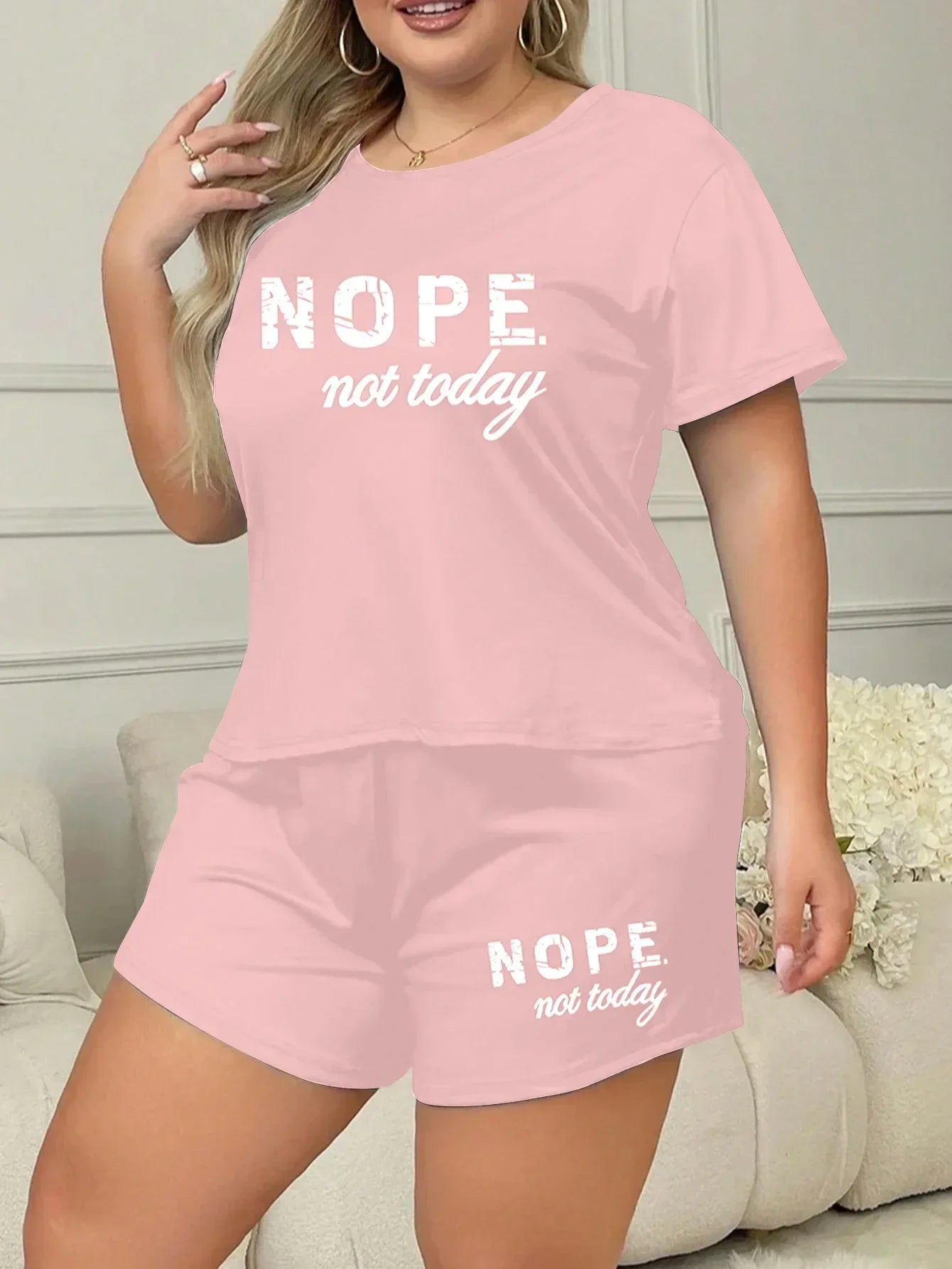 Plus Size 3XL 4XL 5XL Casual Loungewear Letters Print Pajamas Set Women's Short Sleeve Tee And Elastic Shorts Homewear