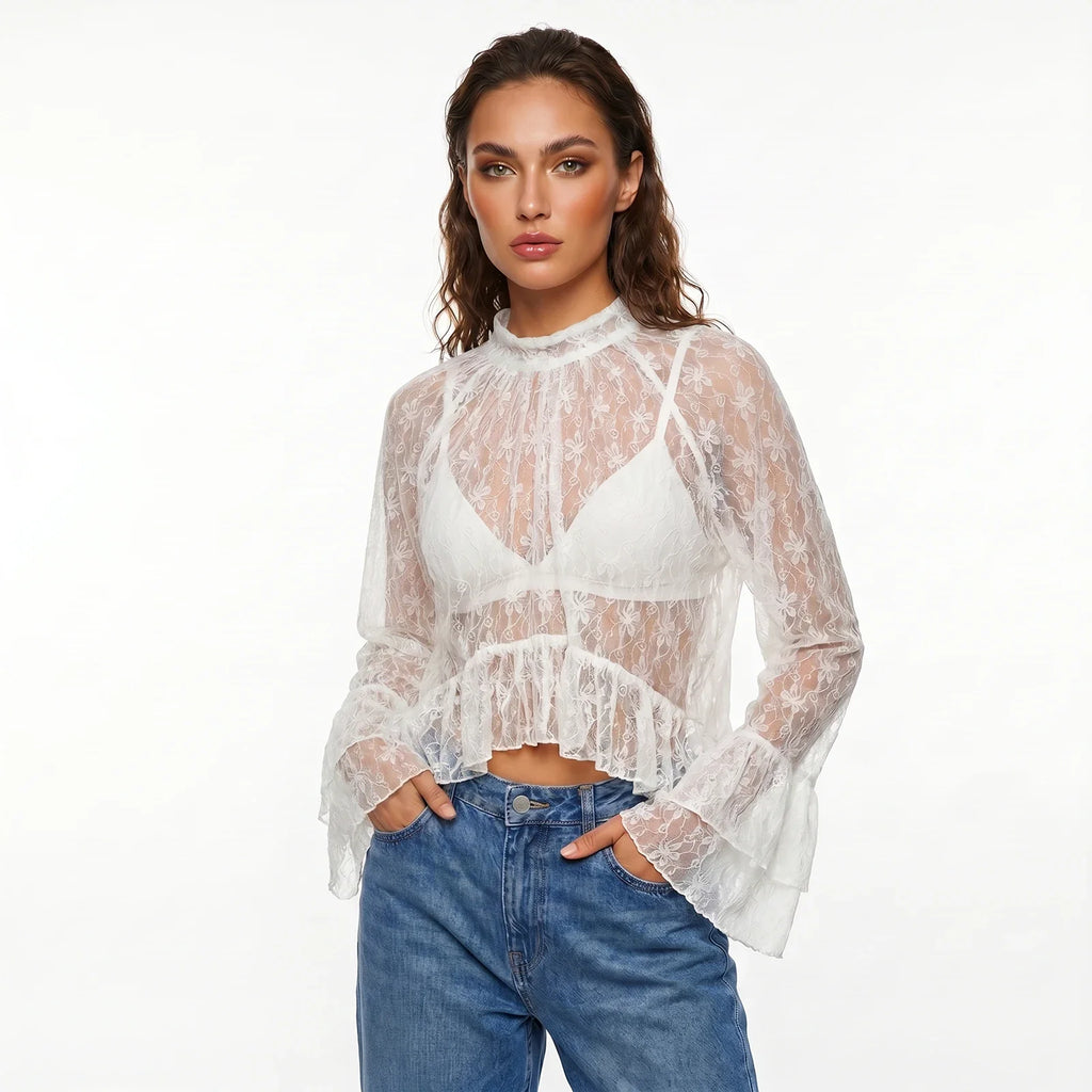 Womens Lace Floral Sheer Blouse Flare Long Sleeve Mock Neck Ruffle Peplum Hem Cropped Shirts Elegant Sexy Cover-ups Tops