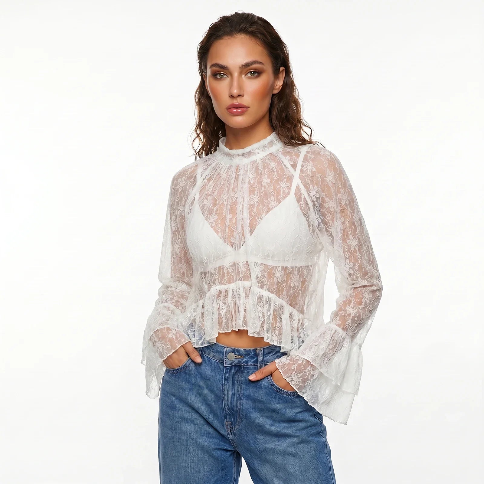 Womens Lace Floral Sheer Blouse Flare Long Sleeve Mock Neck Ruffle Peplum Hem Cropped Shirts Elegant Sexy Cover-ups Tops