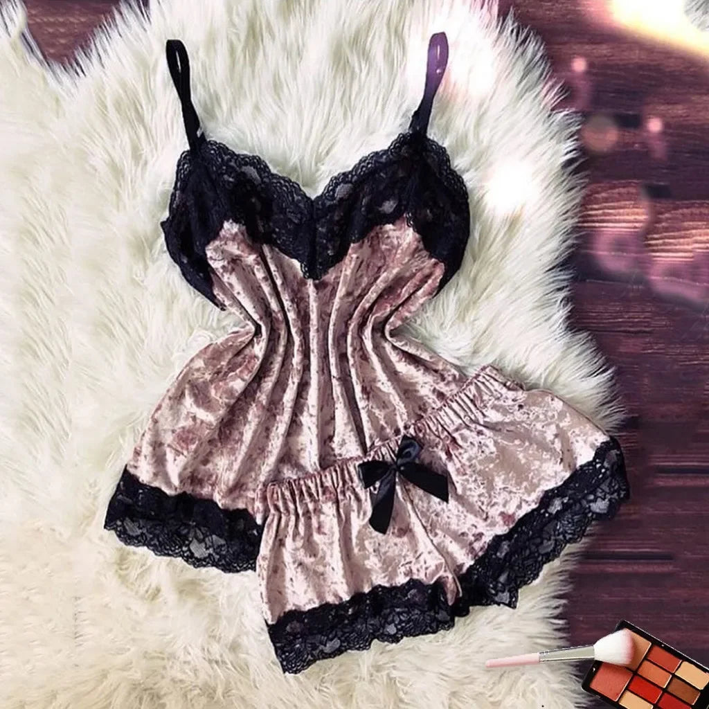 Summer Velvet Pyjamas Set for Women Sleepwear Sleeveless Straps Nightwear Lace Trim Cami Top and Shorts Sets Sexy Lingerie