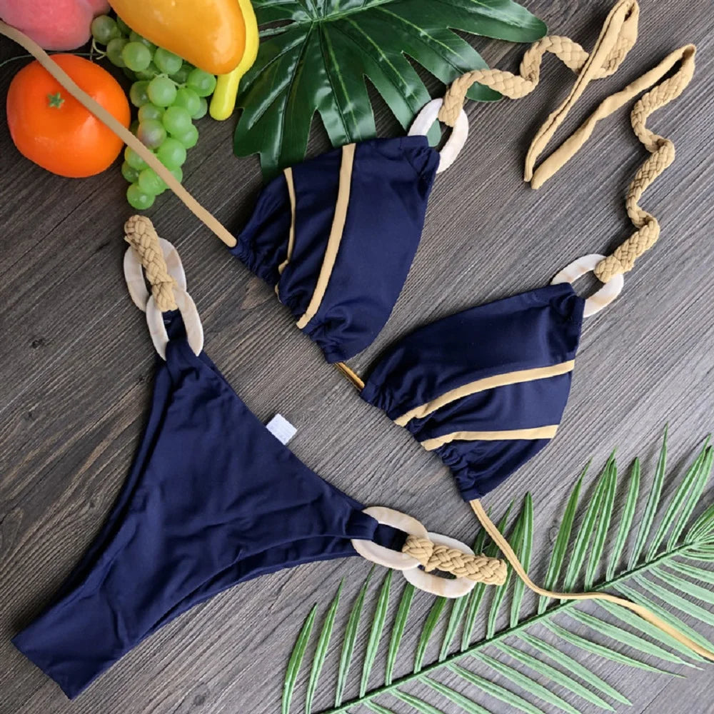 Solid Color Strap Women Bikini Sexual Beach Holiday Swimwear