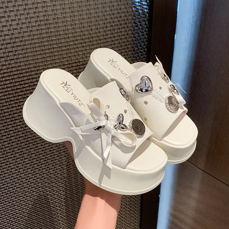 Metal Decor Chunky Platform Sandals Women 2026 Summer Open Toe High Heels Clogs Slippers Woman Bowknot Wedge Heel Sandles Female