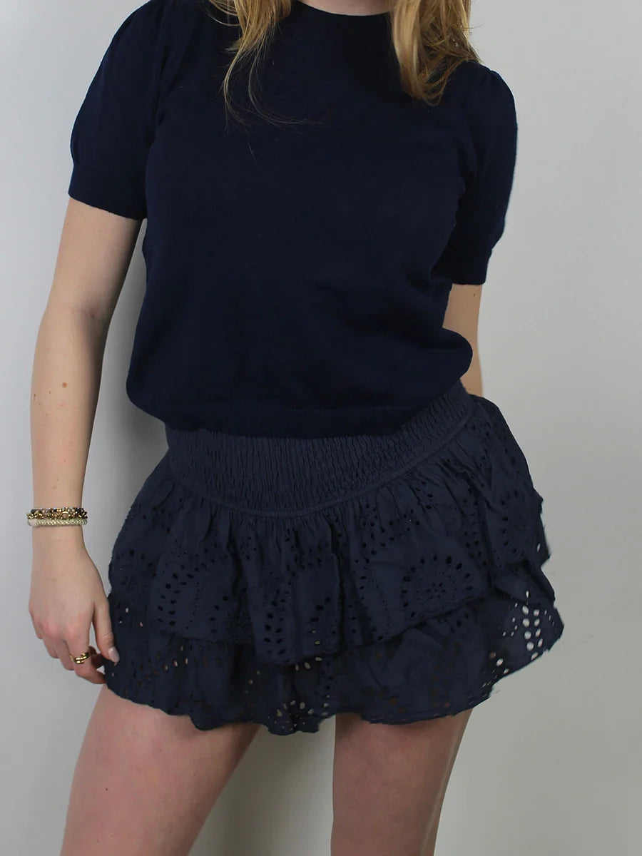 Shirred Mini Skirt A-Line Pointelle High Waist Layered Ruffle Skirt for Women 2024 Summer Solid Color Sweet Skirts
