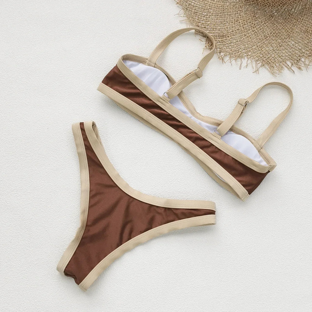 Sexy Coffee Patchwork Bikini Set 2026 Women Halter Push Up Bra Thong Swimsuit Brazilian Bathers Bathing Suit Micro Swimwear