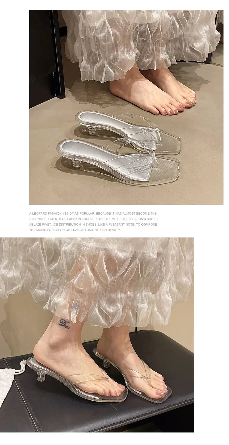2026 Summer Jelly Shoes Women Fashion Sandals Low Heel Square Toe Girls Street Flip Flops Transparent Color Female Slippers
