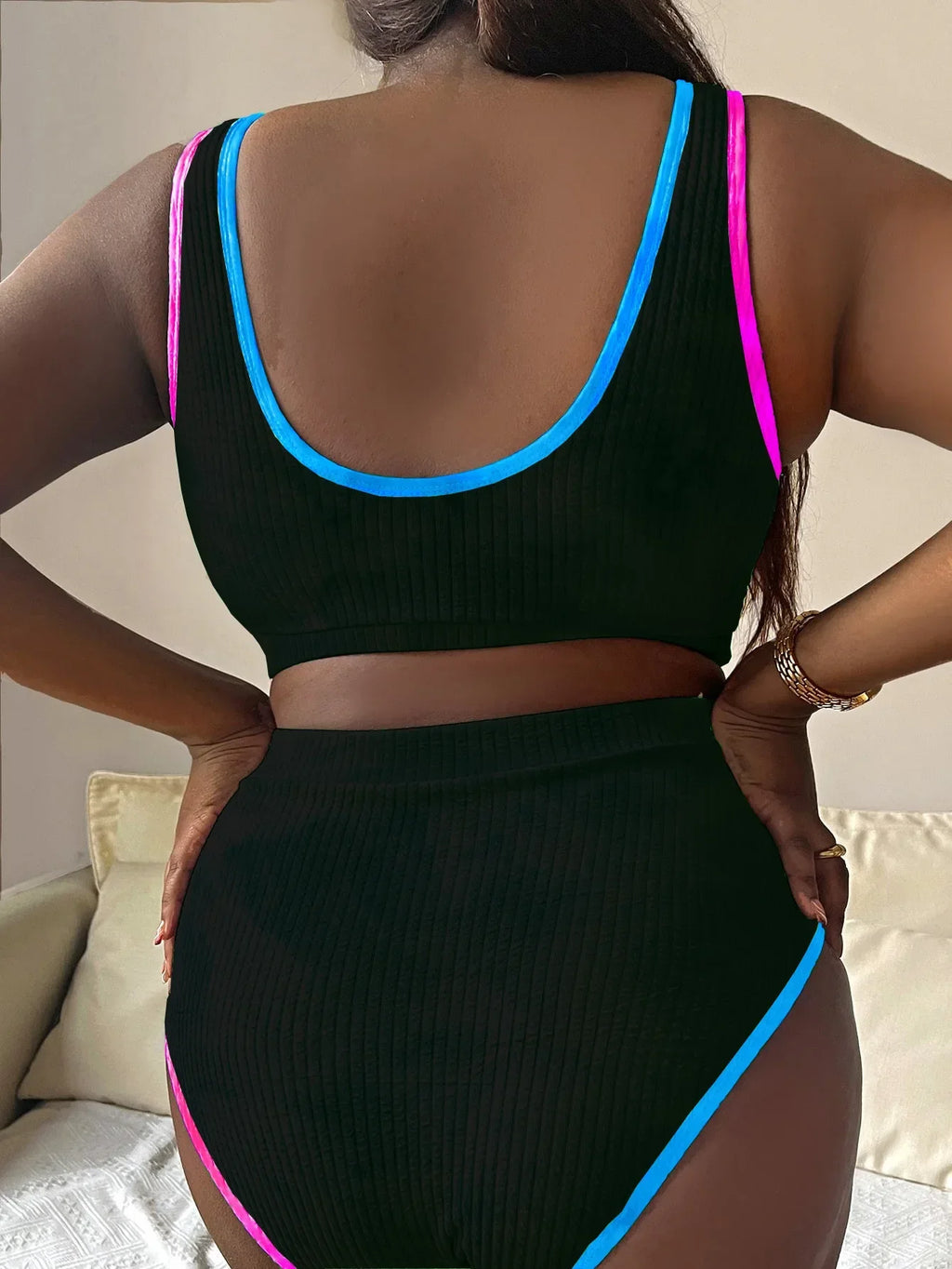 Large Size 3XL Women's Patchwork Swimsuit Sexy Backless High Waist Swimwear Textured Bikini Set Female Beachwear Holiday Biquini