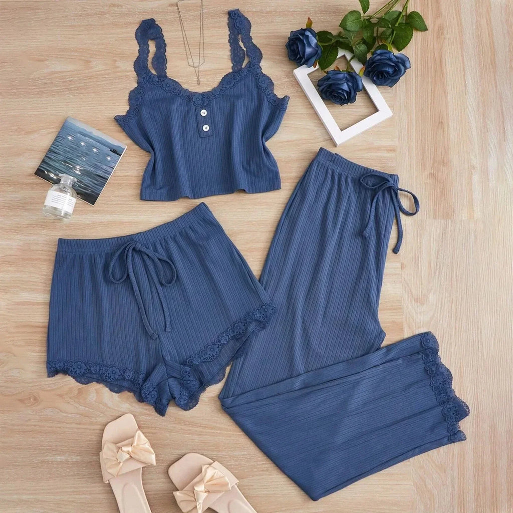 3PCS Pajamas Set for Women Sleepwear Solid Vest Shorts and Pants Paired with Lace Splicing for Homewear Loungewear