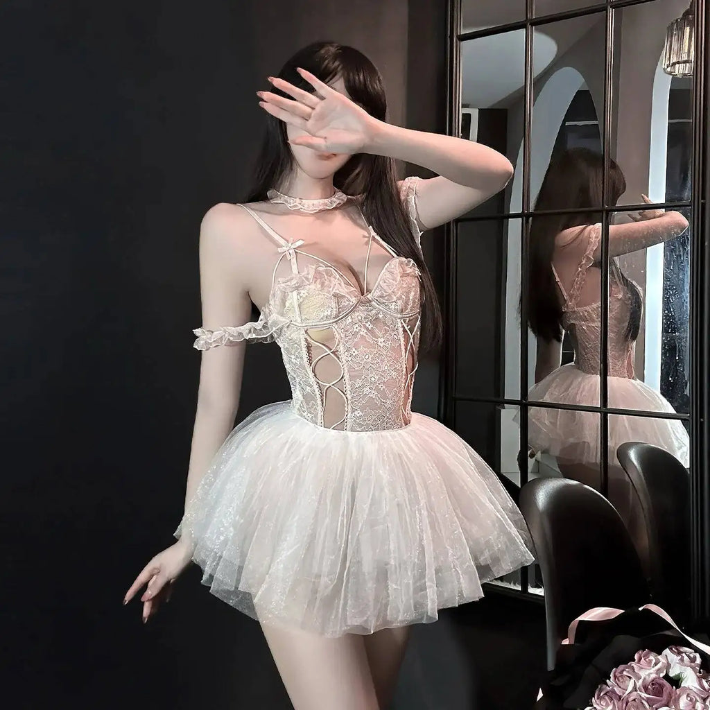 Sweet And Flirty Sexy Pure Desire Dress High-end Sensual And Alluring Erotic Solid Color Mesh Lace Trimmed Dress For Woman Z2YQ