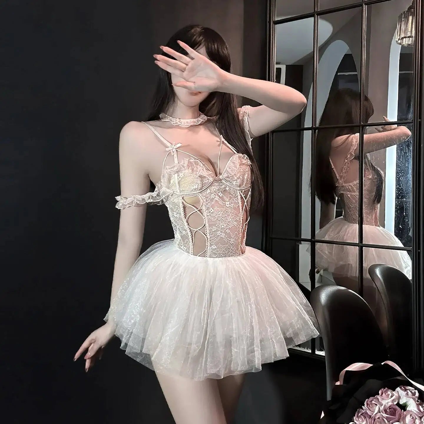 Sweet And Flirty Sexy Pure Desire Dress High-end Sensual And Alluring Erotic Solid Color Mesh Lace Trimmed Dress For Woman Z2YQ