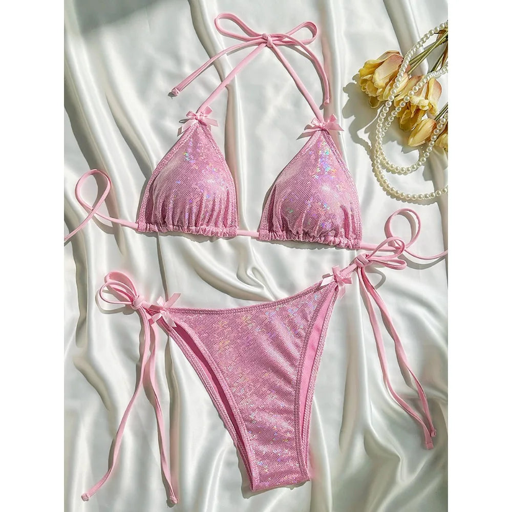 Sparkling Glitter Halter Bow Bikini Female Swimsuit Women Swimwear Two-pieces Bikini Set High Cut Bather Bathing Suit Swim Lady