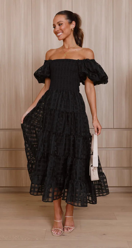 Foridol Off Shoulder Summer Spring Midi Dresses Women Casual Puff Sleeve A-line Beach Vestidos Yellow Beach Party New in Dress