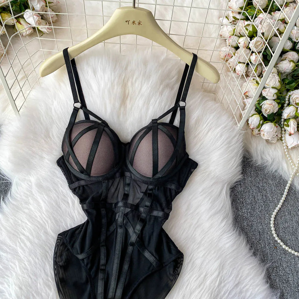 MOYISU Sexy Instagram Viral Bodysuit Women Pure & Sexy Sheer Mesh Halter Push Up Pads Summer Lingerie Euro Style Hot Sale SG