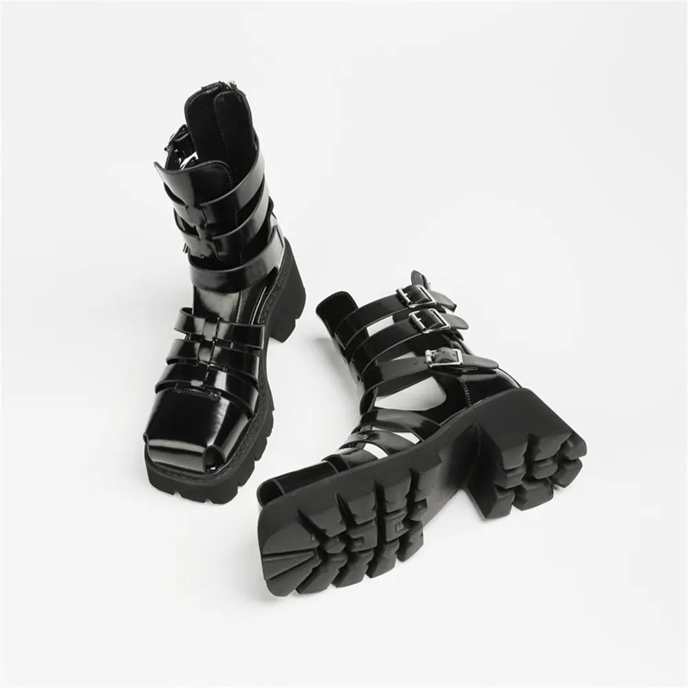 2025 Brand Fashion Women's Black Summer Gladiator Sandals Fashion Leisure Square Heels Casual Platform Shoes Big Size 43