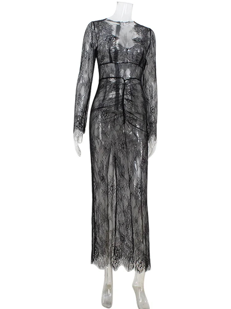Ahagaga Sexy Club Dresses For Women Lace Solid Sheath Rehular Long Sleeves V-Neck Sheer Slim Fit Maxi Bodycon Female Vestidos