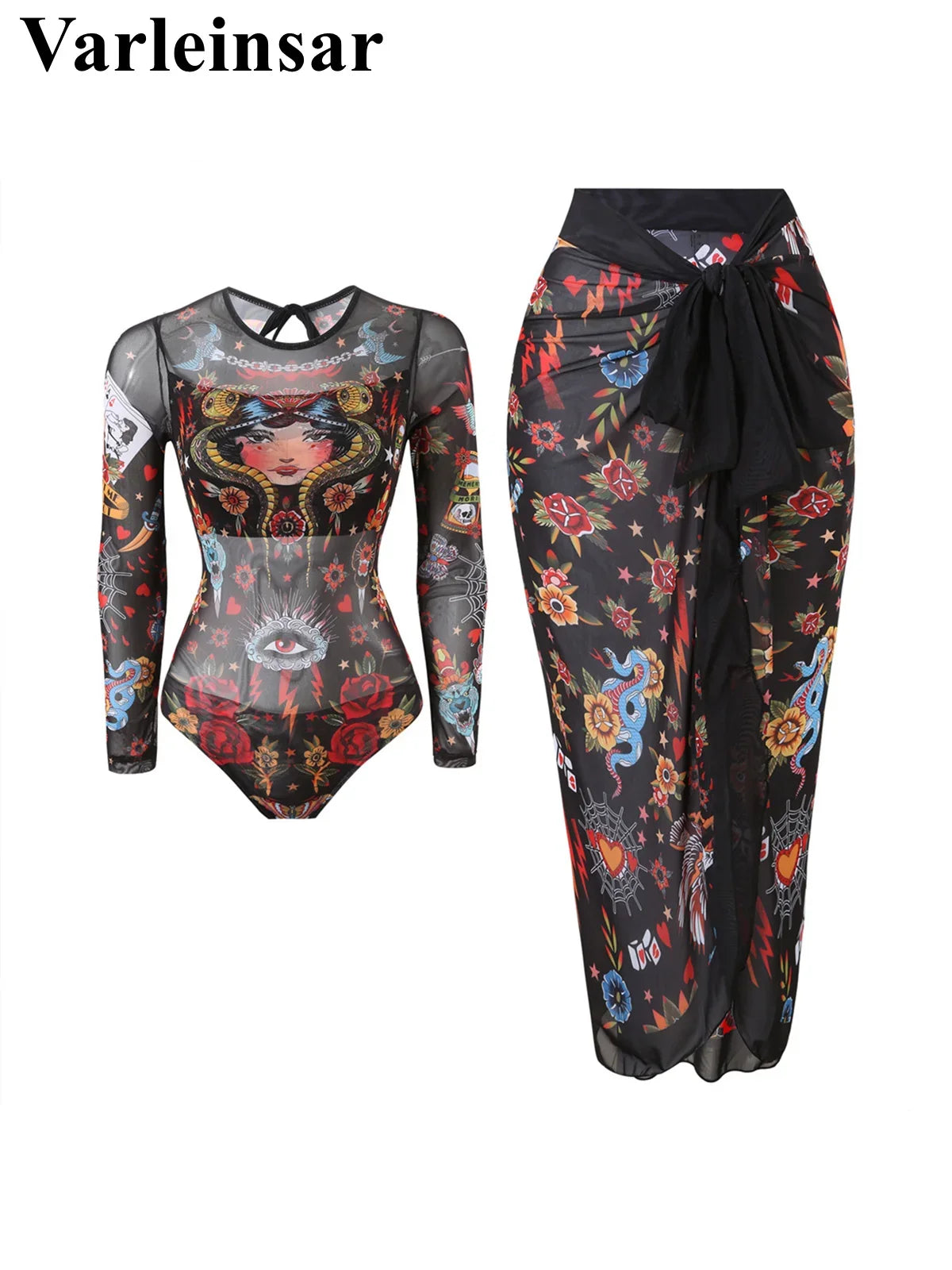 S - XXL Printed Long Sleeve With Sarong One Piece Swimsuit Women Swimwear Female Flowers Padded Bather Bathing Suit Swim V7181