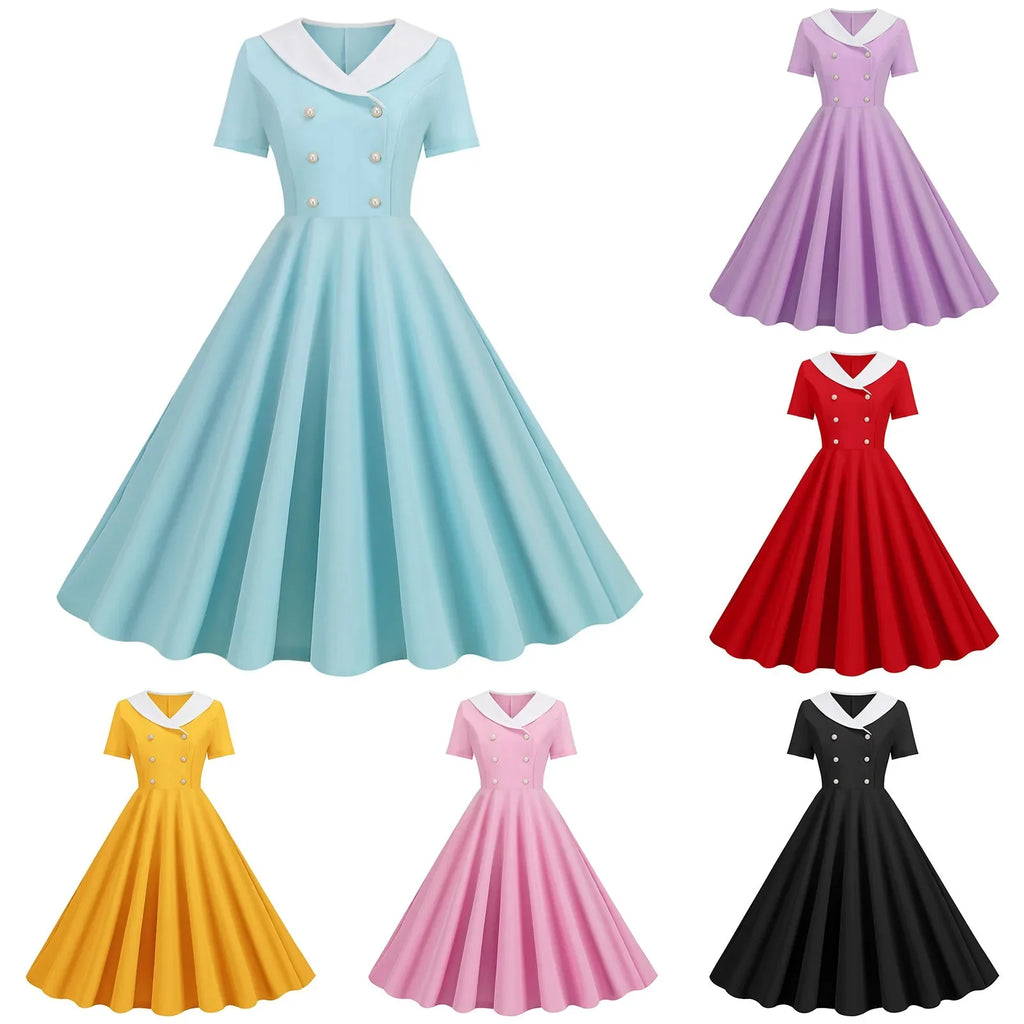 1950s Vintage 50s A-Line Evening Dress Short Sleeves V Neck Button High Waist Dresses Women's Prom Party Midi Dress Vestidos