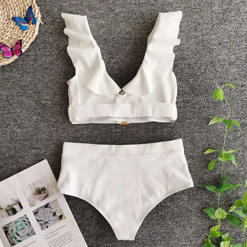 2026 New Sexy Bikini Women White Swimwear Swimsuit Ruffle V-neck Metal Buckle High Waist Beach Bikinis Set Bathing Suit Push Up