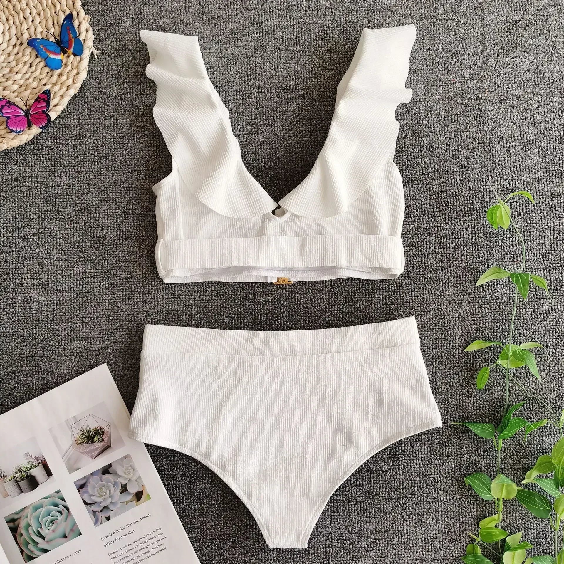 2026 New Sexy Bikini Women White Swimwear Swimsuit Ruffle V-neck Metal Buckle High Waist Beach Bikinis Set Bathing Suit Push Up