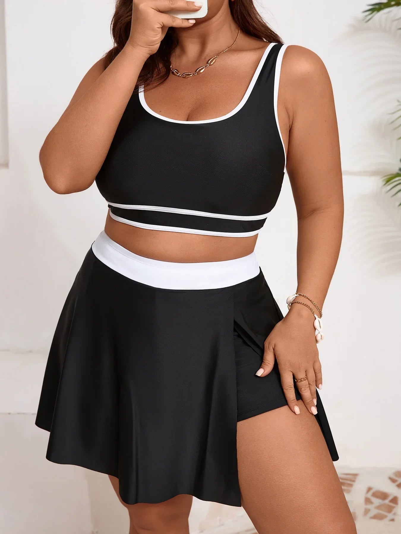 VigoJany 2026 Sexy Black 2 Piece Plus Size Tankini Set Women Strapped High Waist Curvy Swimsuit Lady Skirt Big Bathing Suit