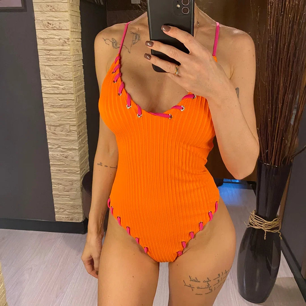 5 Colors V Neck Ribbed Cross Back One Piece Swimsuit Women Swimwear Female High Leg Cut Monokini  Bather Bathing Suit Swim V6278