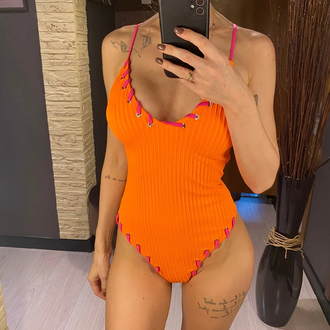5 Colors V Neck Ribbed Cross Back One Piece Swimsuit Women Swimwear Female High Leg Cut Monokini  Bather Bathing Suit Swim V6278